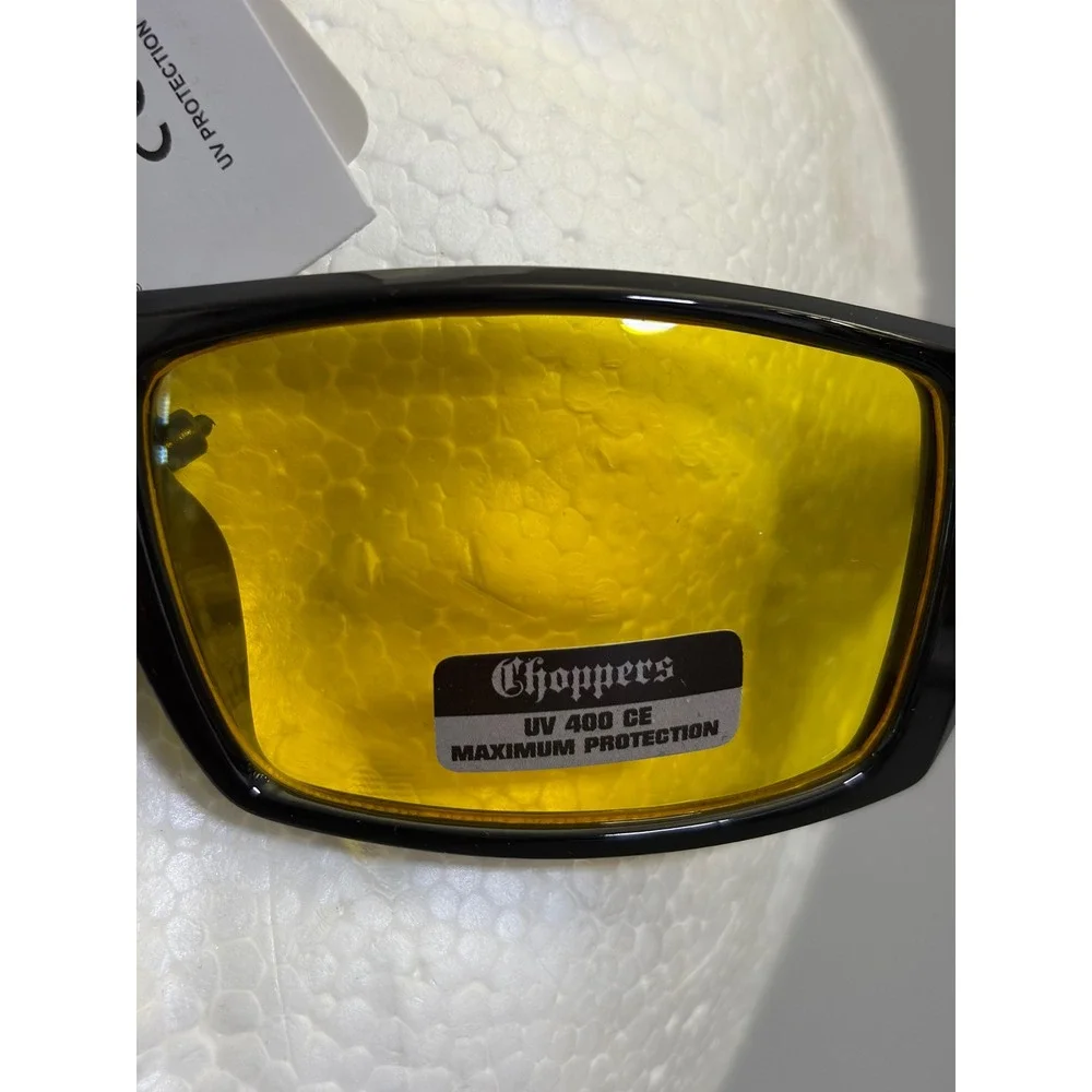 Choppers Sunglasses Mens OS Gloss Black Yellow Lens Biker Wrap UV400 8CP6778